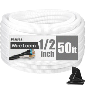 YesBes 50 ft white split wire loom demonstrates durable protection for cables.