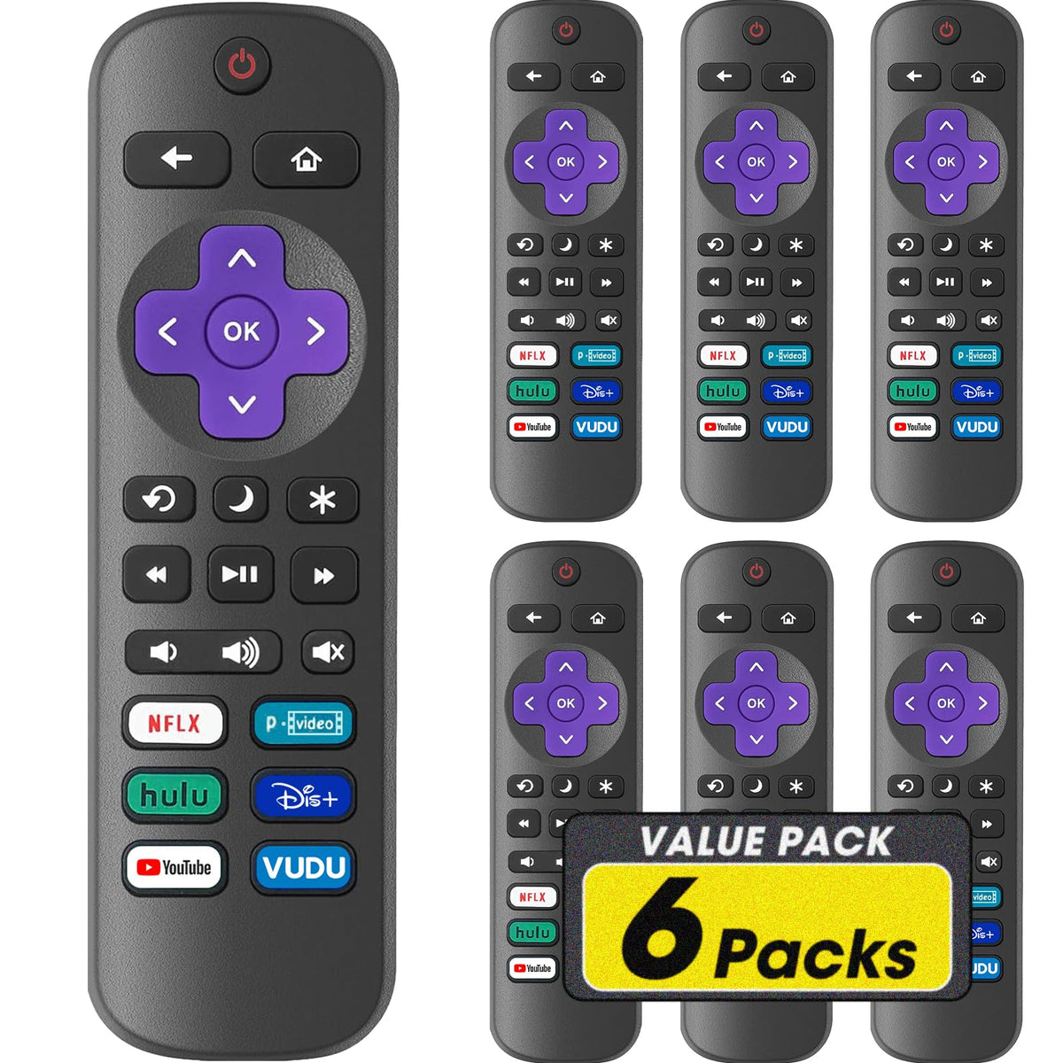 YesBes 6-pack Roku remote front view highlights durable ABS construction for everyday use.