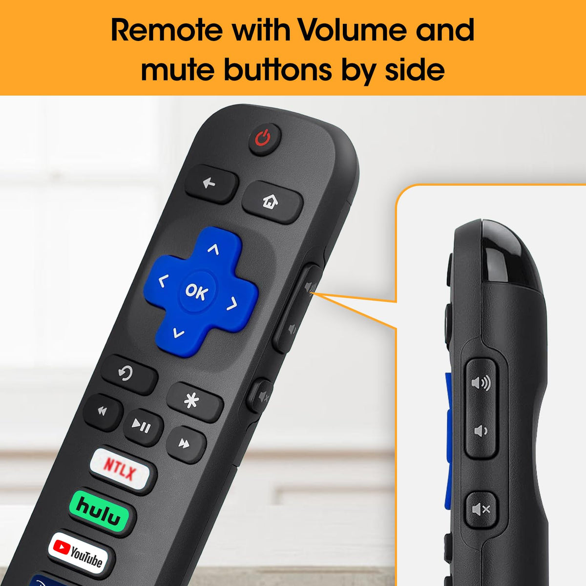 YesBes 9-pack Roku TV remote close-up of shortcut buttons for quick access.