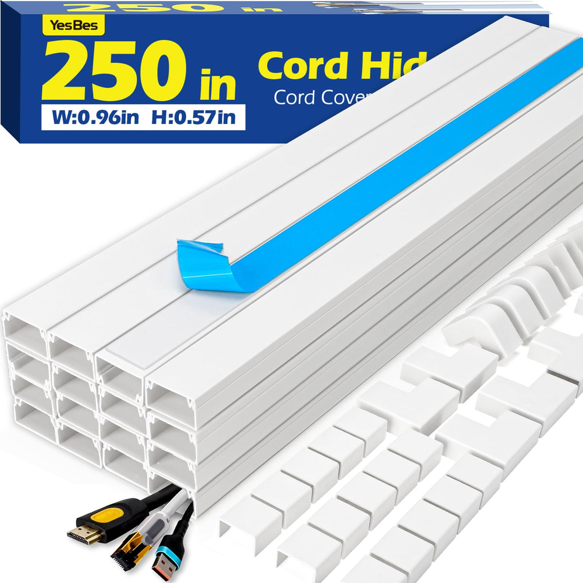 YesBes 250in cord hider kit packaging shows contents for easy setup