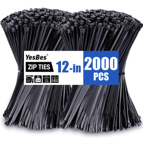 YesBes front packaging showing 2000 12-inch cable ties for bulk storage and economy