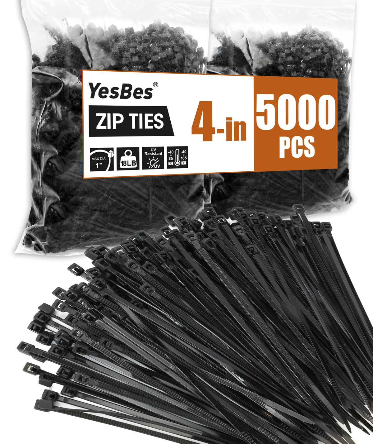 YesBes front packaging showing 5000 zip ties and value pack benefit