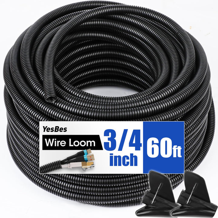 YesBes front view of 60 ft split wire loom showing length and color, protects cables
