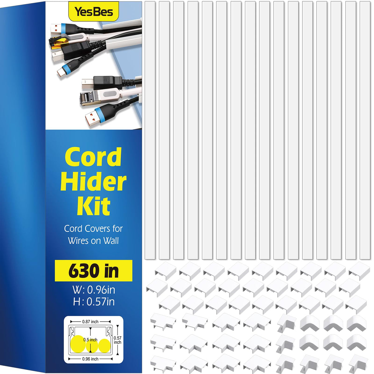 YesBes front packaging illustrating full 630in cord hider kit and contents benefit tidy storage