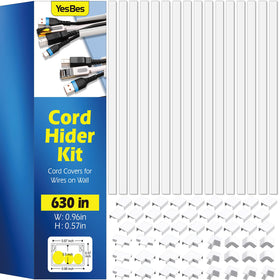 YesBes front packaging illustrating full 630in cord hider kit and contents benefit tidy storage