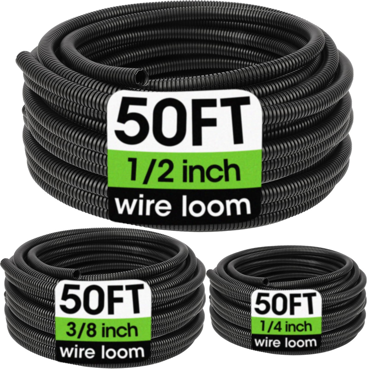 YesBes front packaging showing three 50ft black split loom rolls protecting cables