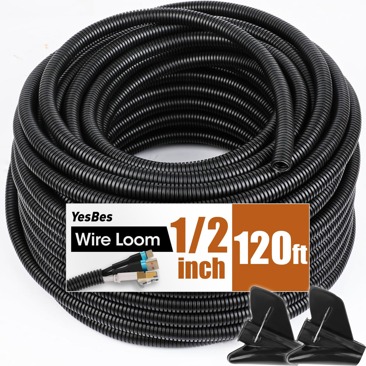 YesBes wire loom 1/2 inch, 120 ft, black, split design for quick cable management.