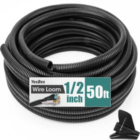 YesBes wire loom 50ft split 1/2 inch black for easy cable organization