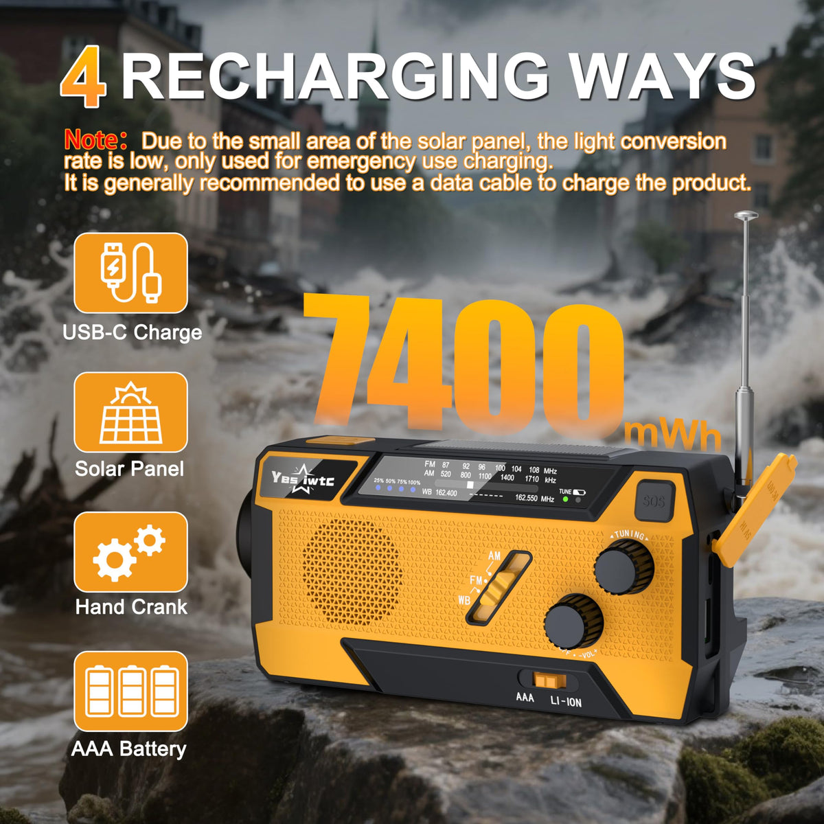 yesiwtc hand crank in use generating emergency battery charge