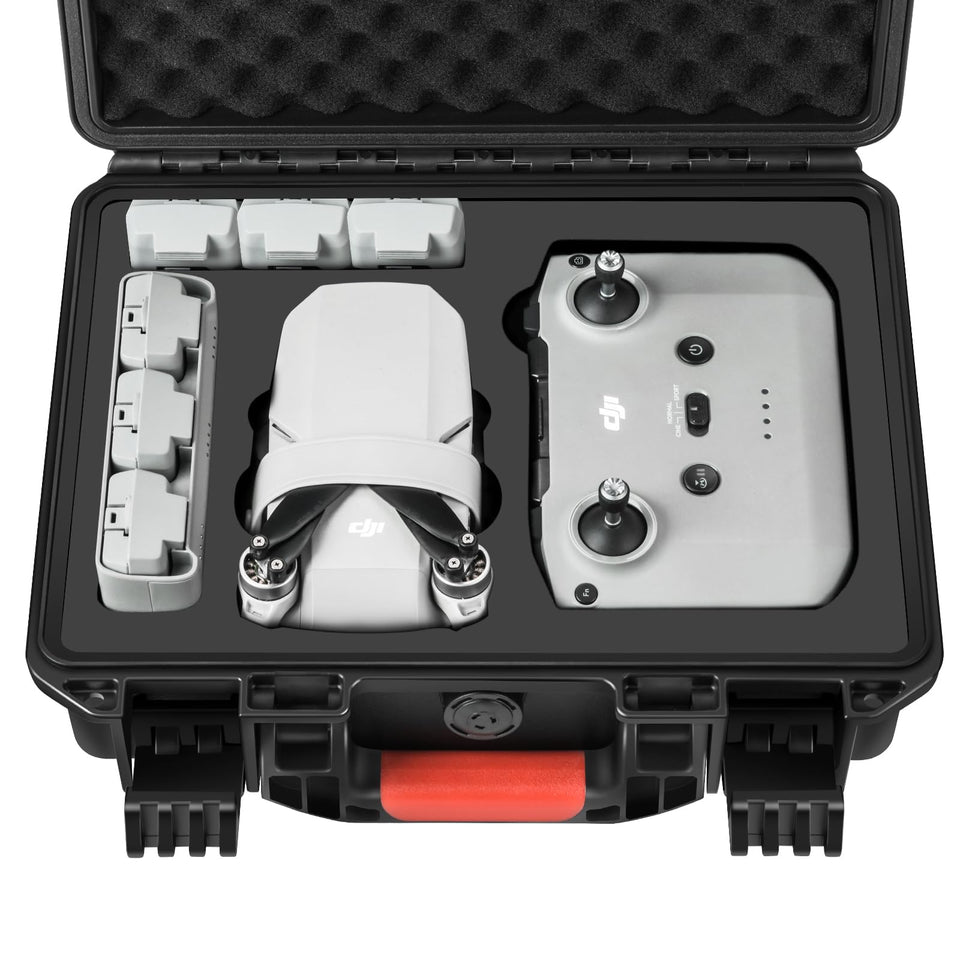 YETEETH front closed case showing compact waterproof protection for DJI Mini drone and safe transport