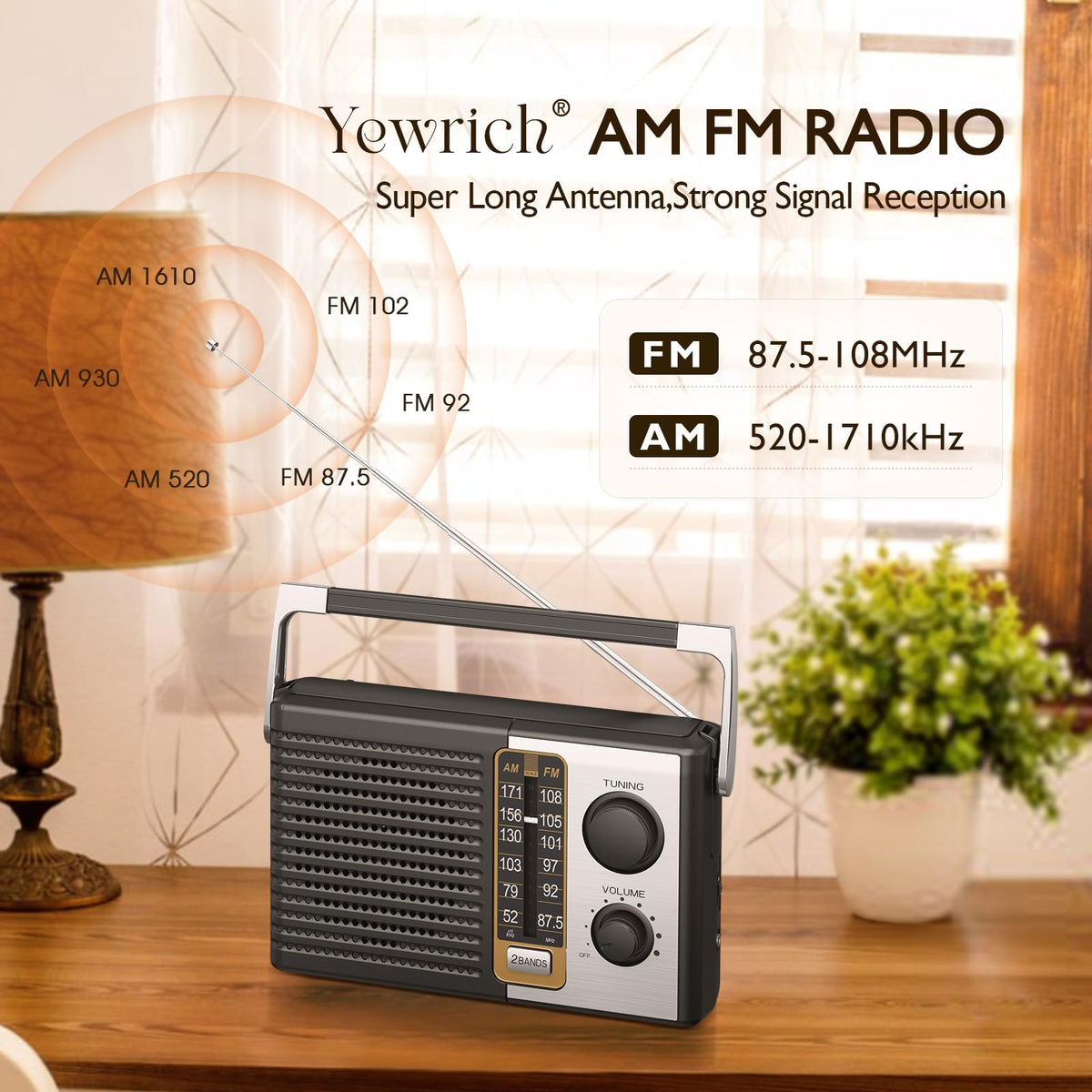 Yewrich AM FM radio dial closeup for precise tuning and quick station selection.