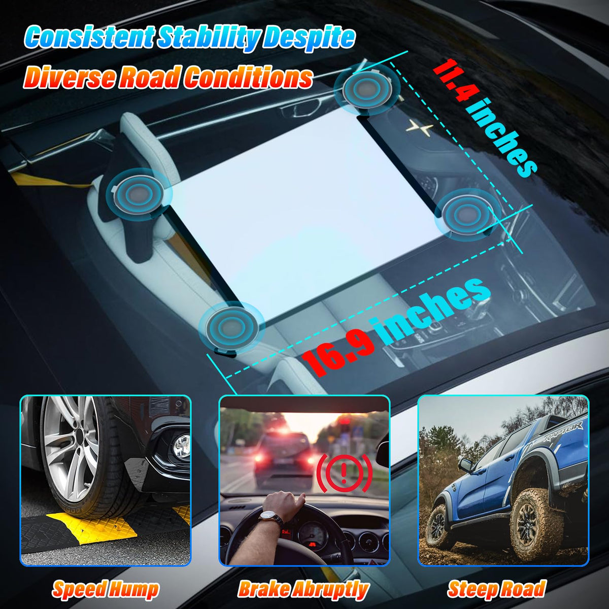 Versatile mounting for car windows, sunroofs, or roof racks on the go.