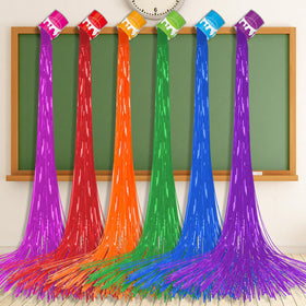Yiaoyinnz rainbow foil fringe curtain brightens party backdrops with shimmering color.