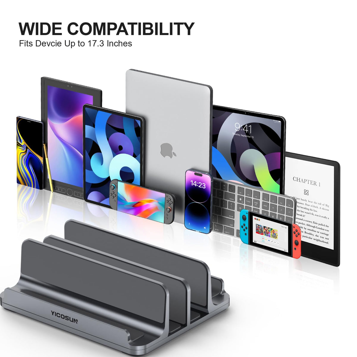 YICOSUN 4-slot stand desk setup with devices illustrates space efficiency.