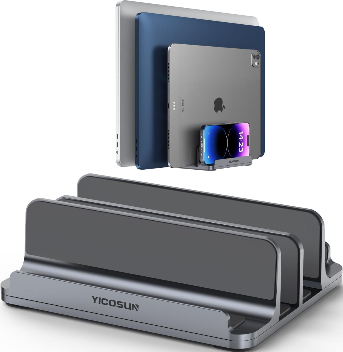 YICOSUN 4-slot stand front view shows sturdy aluminum construction supporting multiple devices.