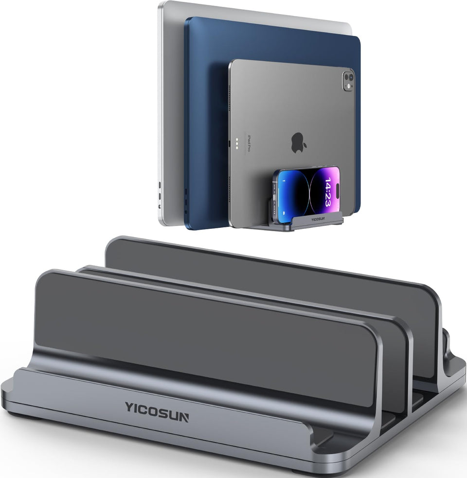 YICOSUN 4-slot stand front view shows sturdy aluminum construction supporting multiple devices.