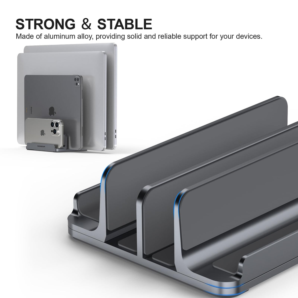 YICOSUN 4-slot stand in-use on a desk shows organized workspace with devices.