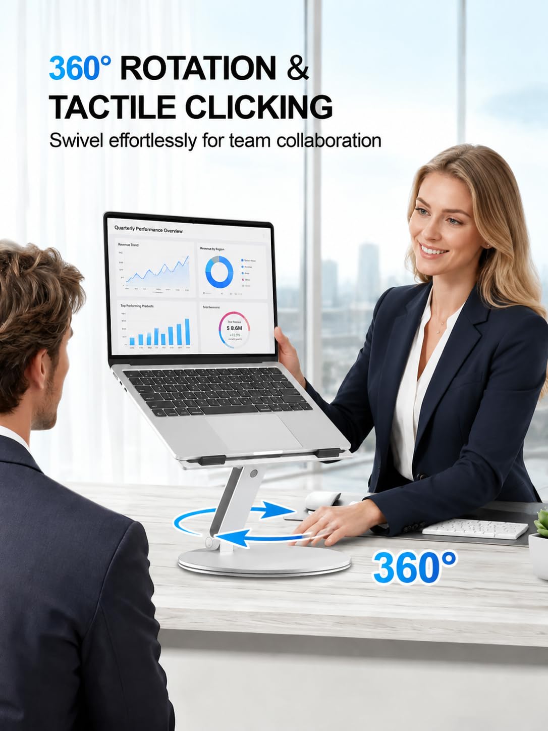 YICOSUN rotating base demonstrated for easy screen sharing benefit