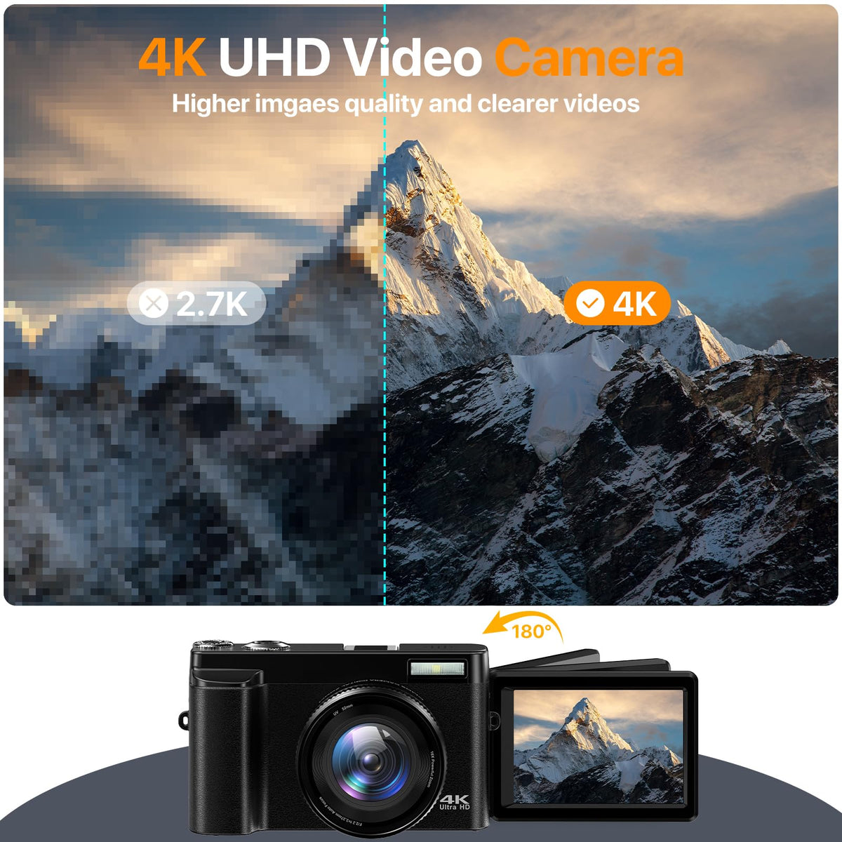 YIGLLO 4K camera flip screen enables easy self-recording and framing