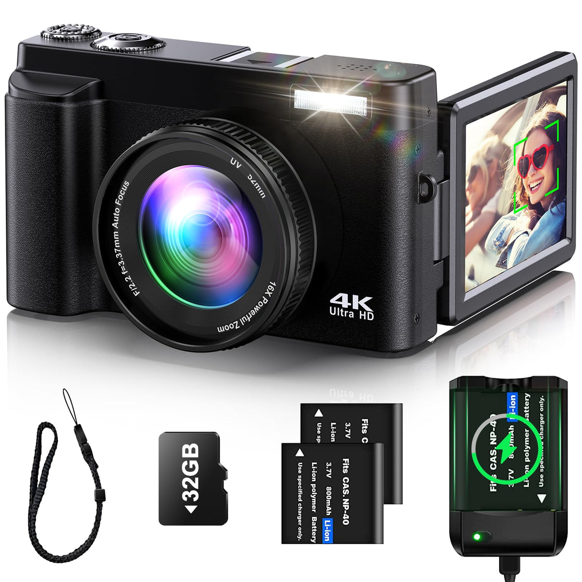 YIGLLO 4K camera front view shows a compact, portable design for on-the-go vlogging