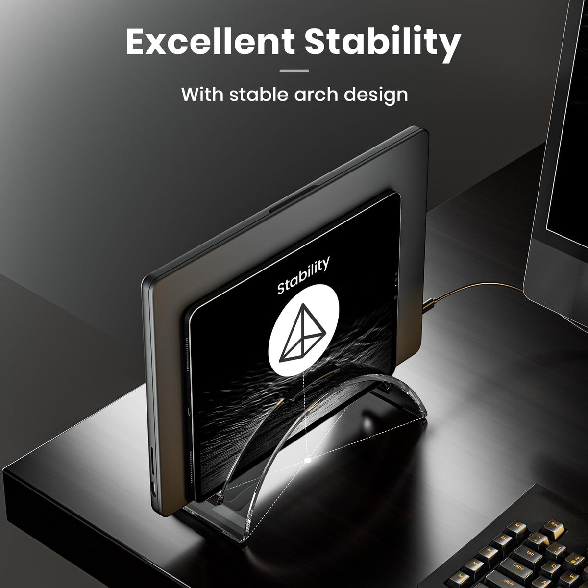 Yikola vertical stand offers 24 mm thickness compatibility for MacBooks and tablets.