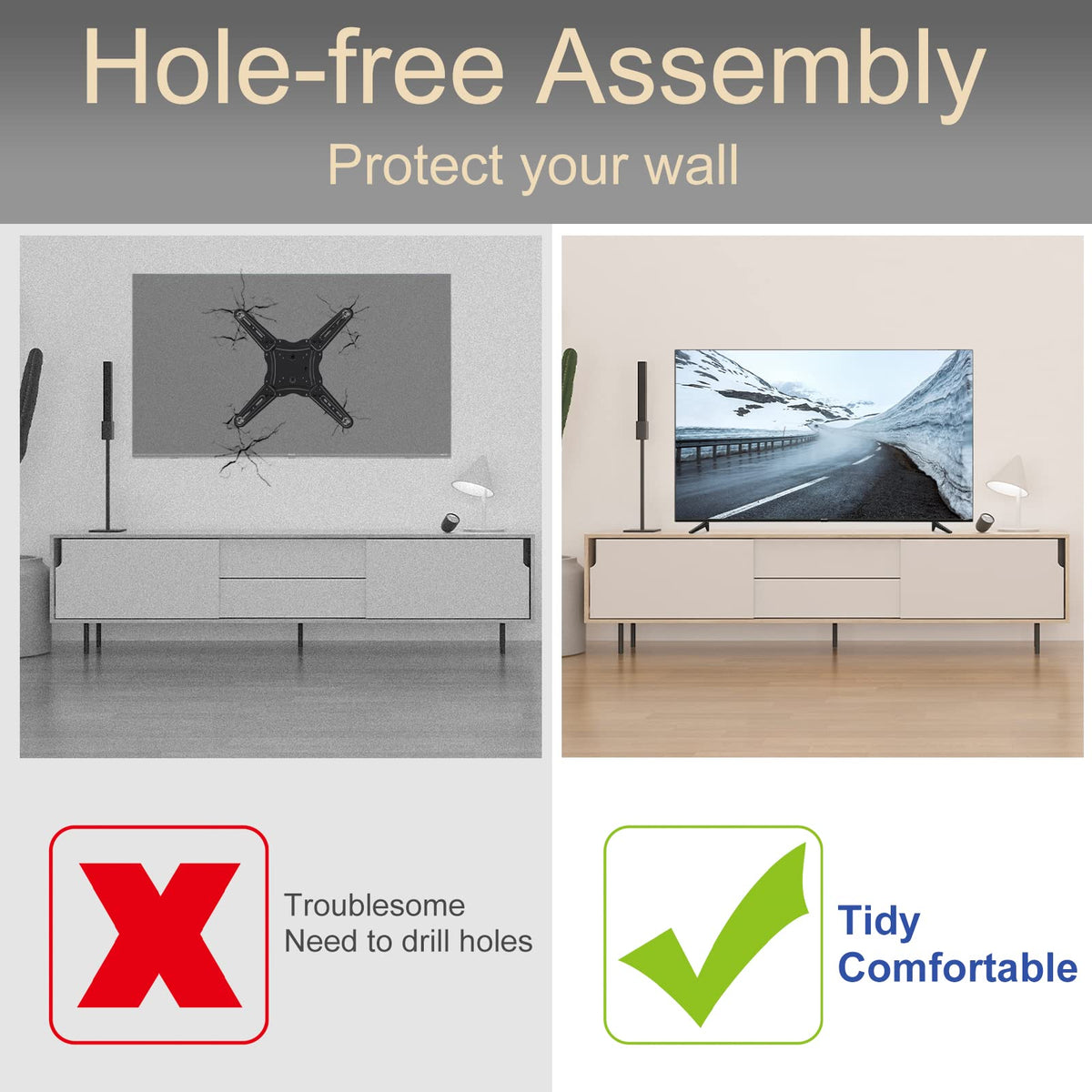 No-drill installation protects walls with a tidy setup