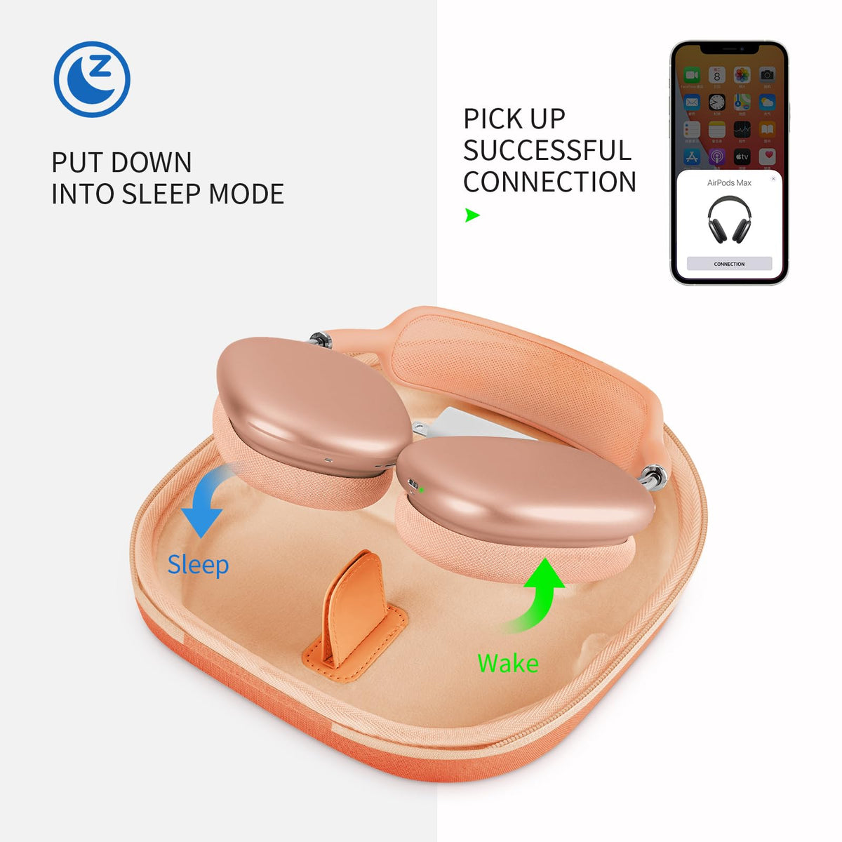 Yinke smart case opened showing tailored interior that keeps AirPods Max sleeping