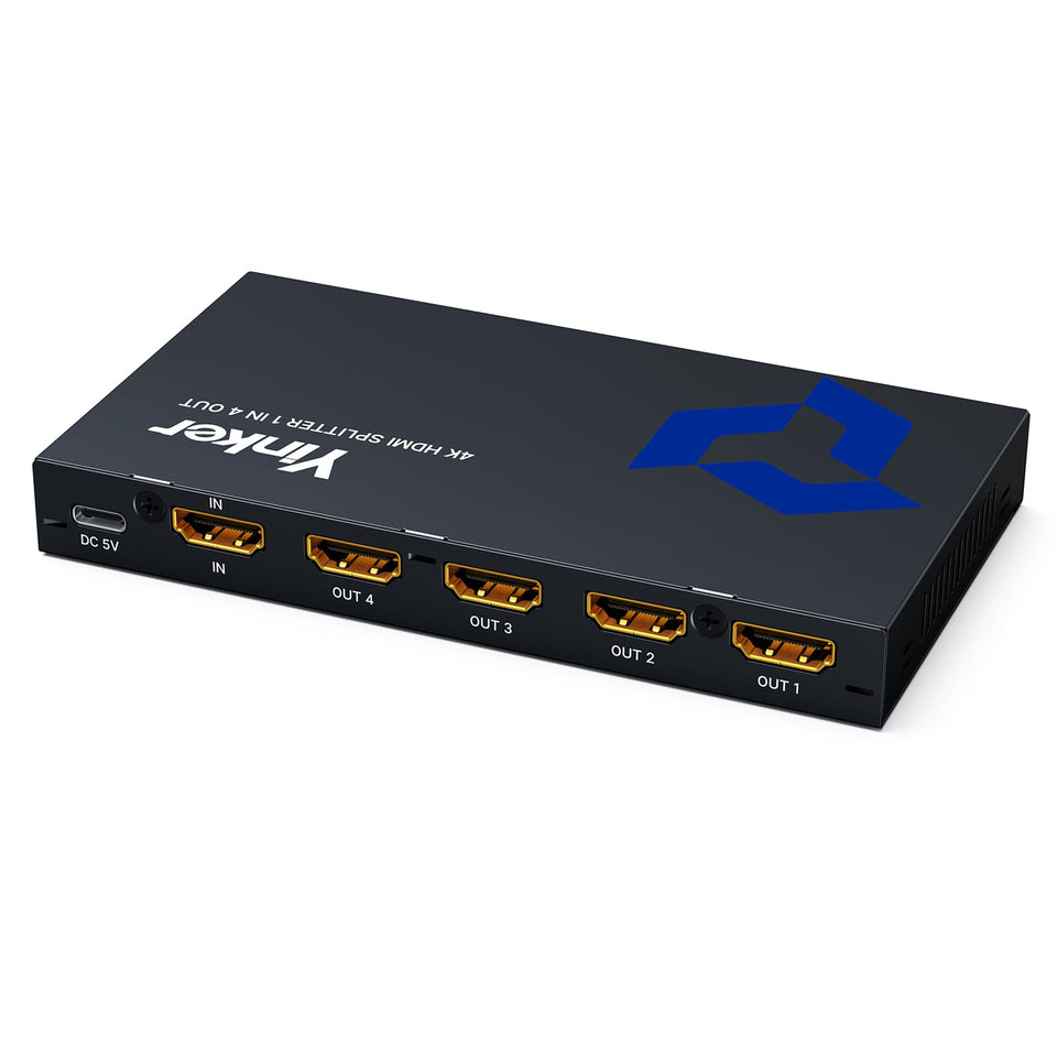Yinker HDMI Splitter 4x4 setup showing synchronized mirroring across four monitors