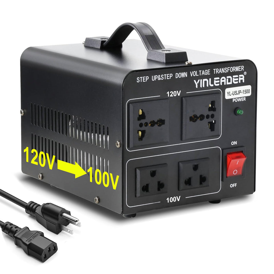 Yinleader 1500W voltage converter front view showing dual outlets for 100V and 120V use