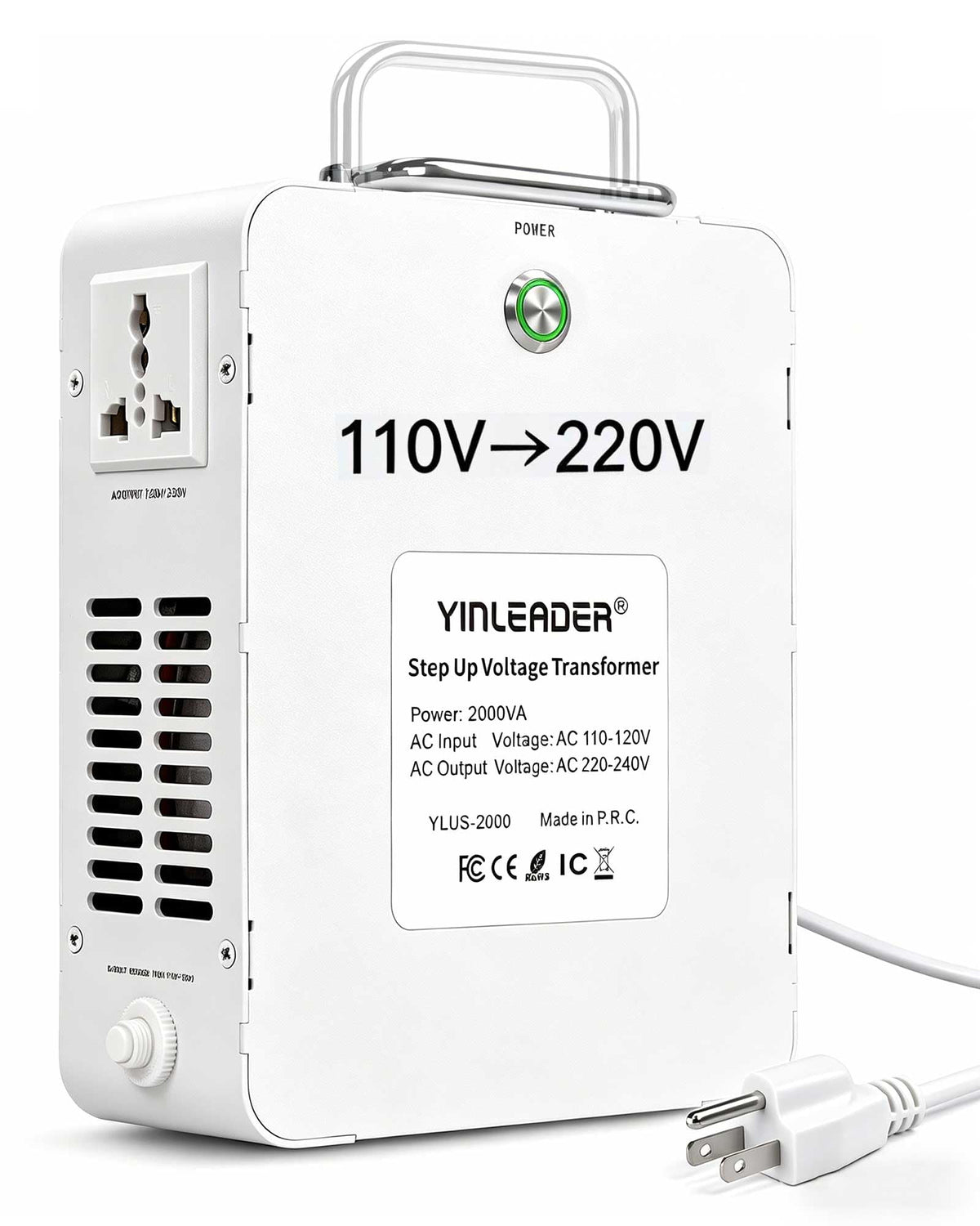 Yinleader 2000W step-up transformer front view with dual outlets for simultaneous use.