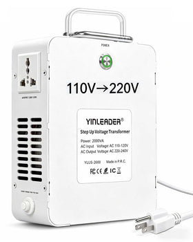 Yinleader 2000W step-up transformer front view with dual outlets for simultaneous use.
