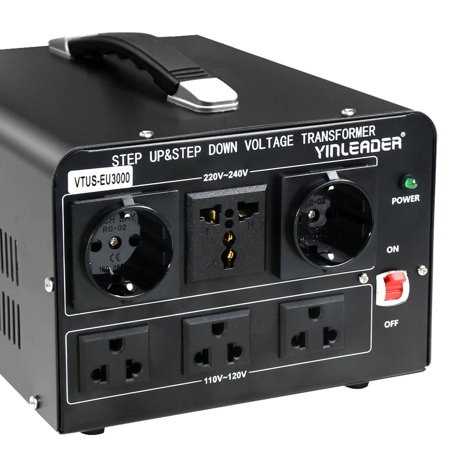 Yinleader 3000W voltage converter front view, dual voltage capability for global devices