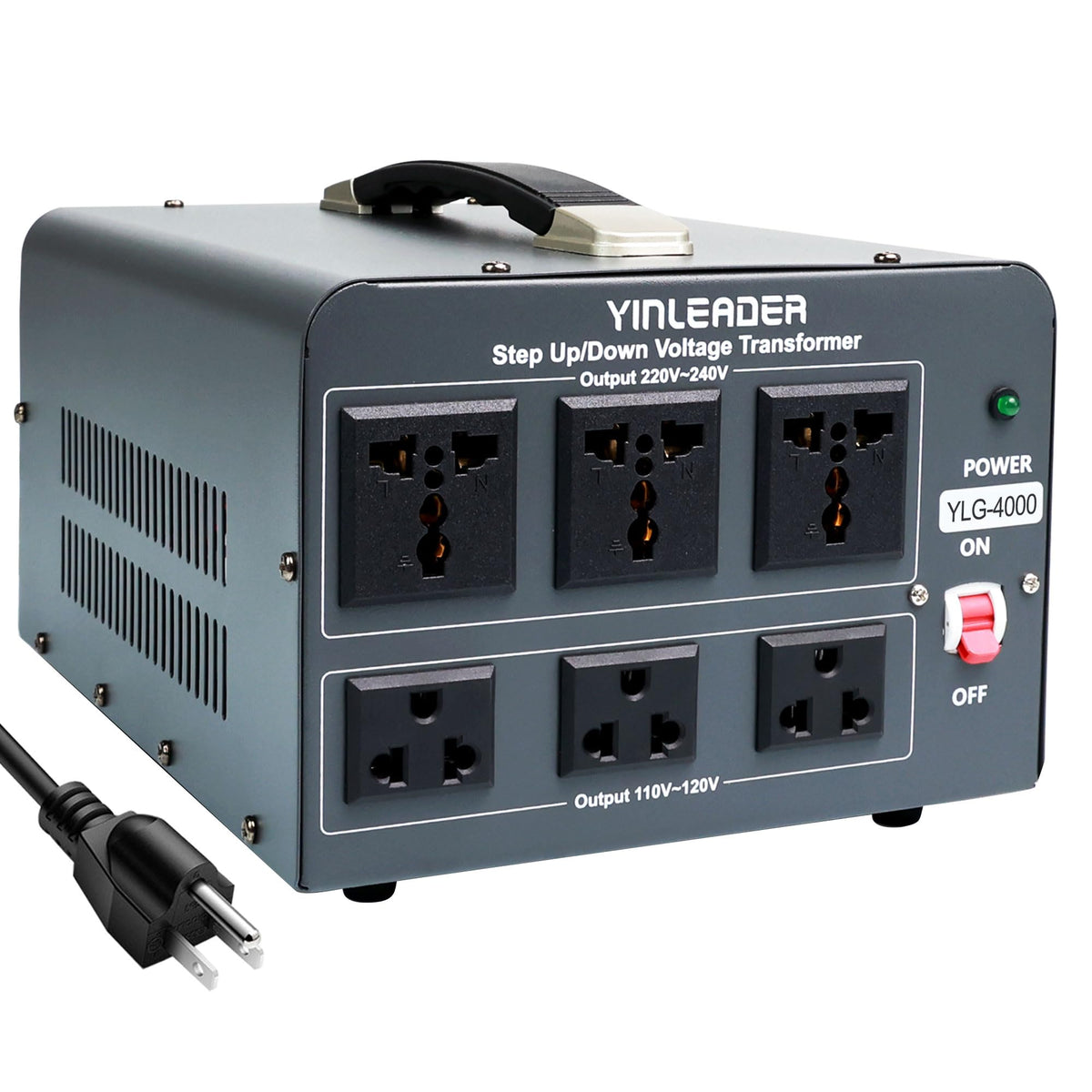 Yinleader 4000W voltage converter front view with six outlets for versatile use