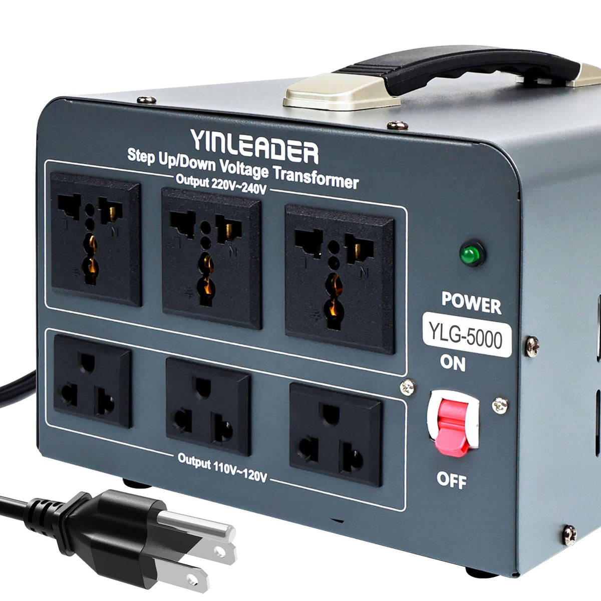 Yinleader 5000W transformer front view with dual voltage capability for global use.