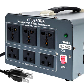 Yinleader 5000W transformer front view with dual voltage capability for global use.