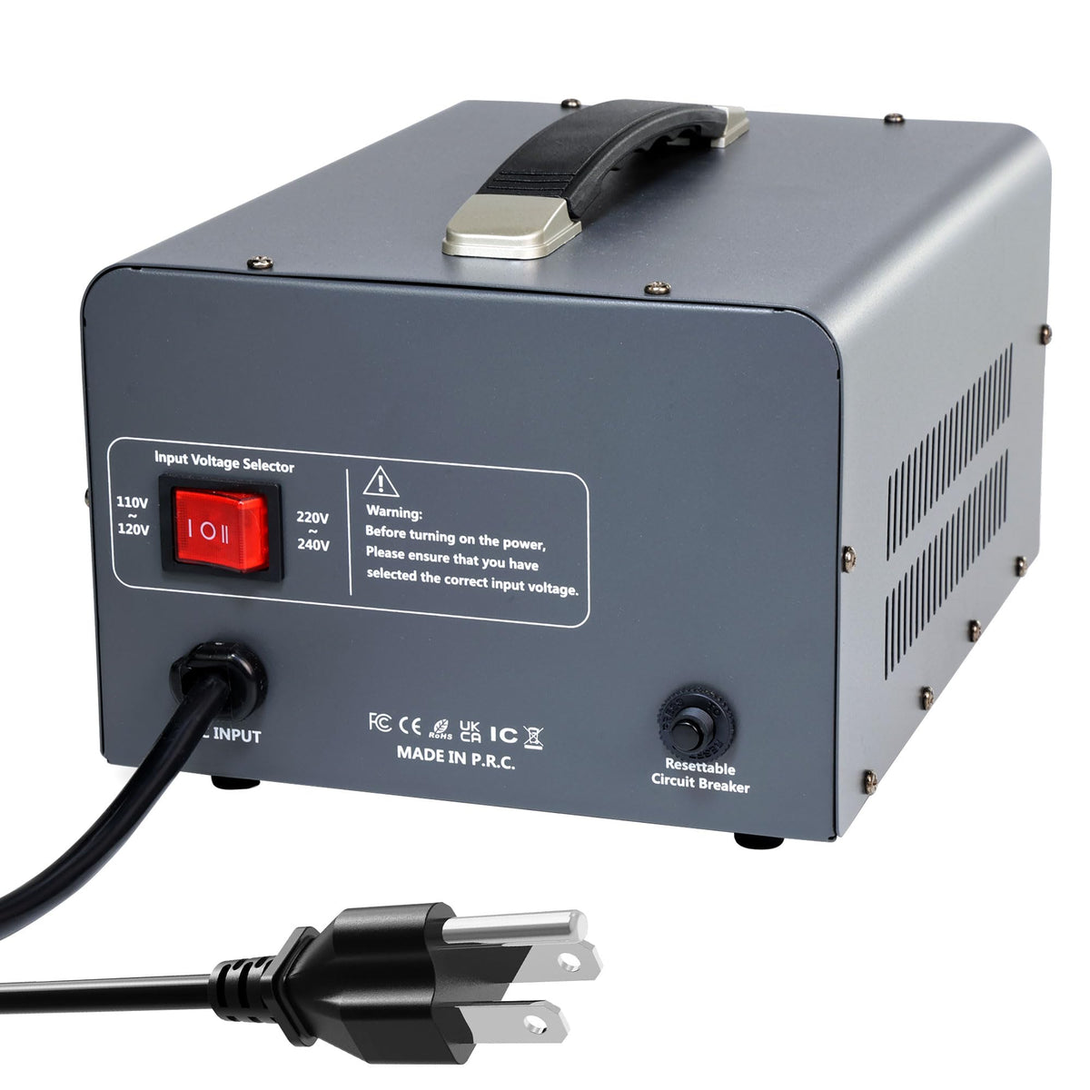 Yinleader 5000W transformer universal sockets accommodate 220-240V appliances worldwide.