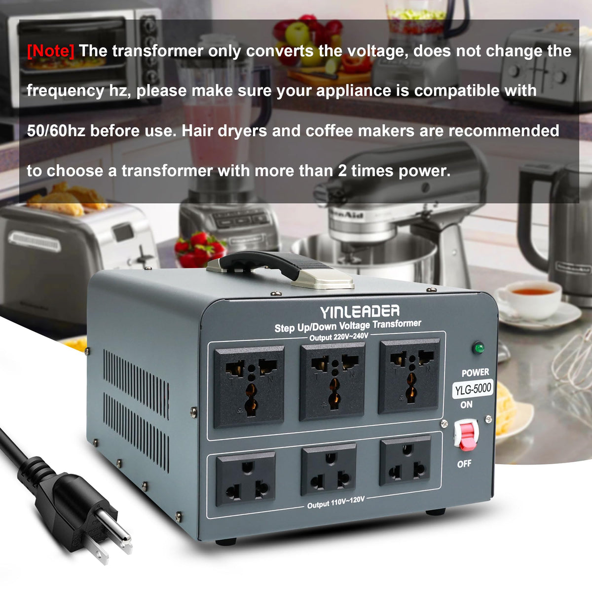 Yinleader 5000W transformer US socket panel for easy 110-120V devices.