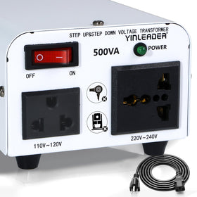 Yinleader front view showing compact white transformer and status label, reliable voltage conversion