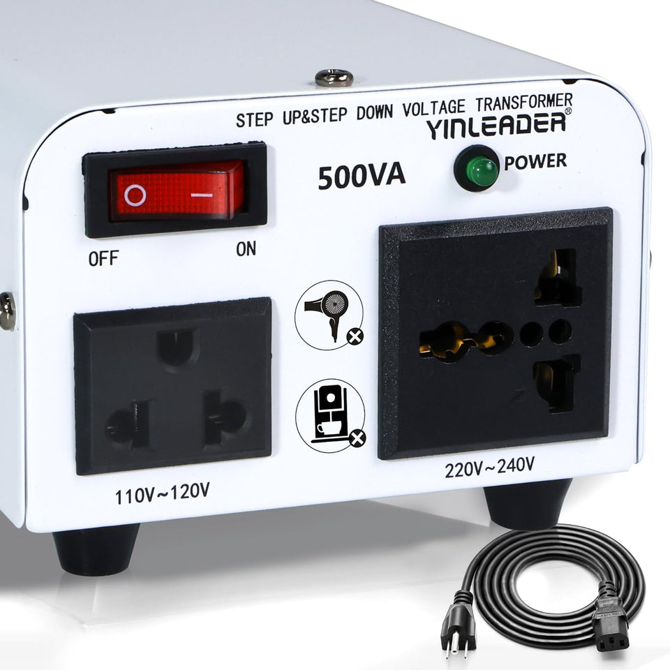 Yinleader front view showing compact white transformer and status label, reliable voltage conversion
