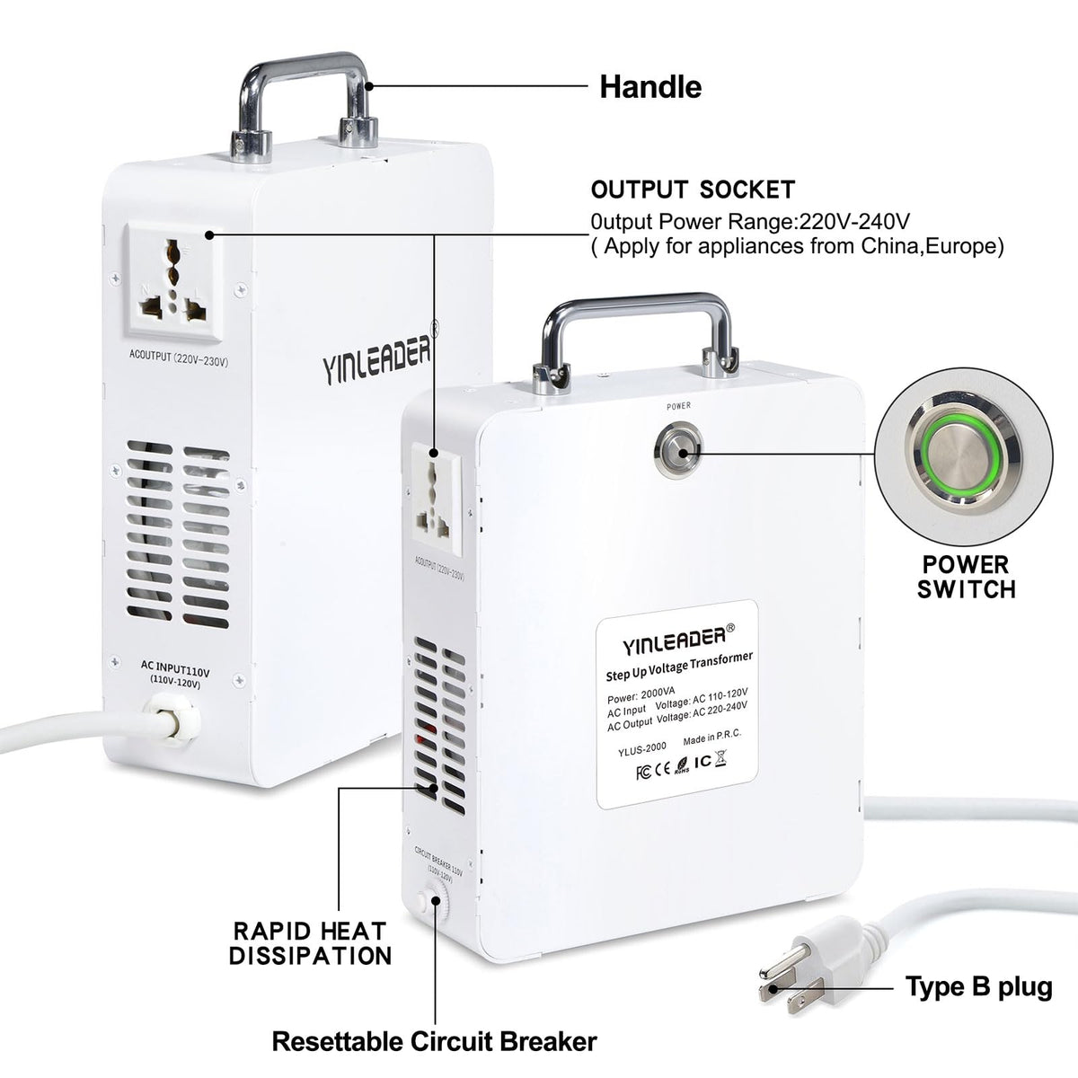 Yinleader dual universal sockets enable two 220–240V devices at once.