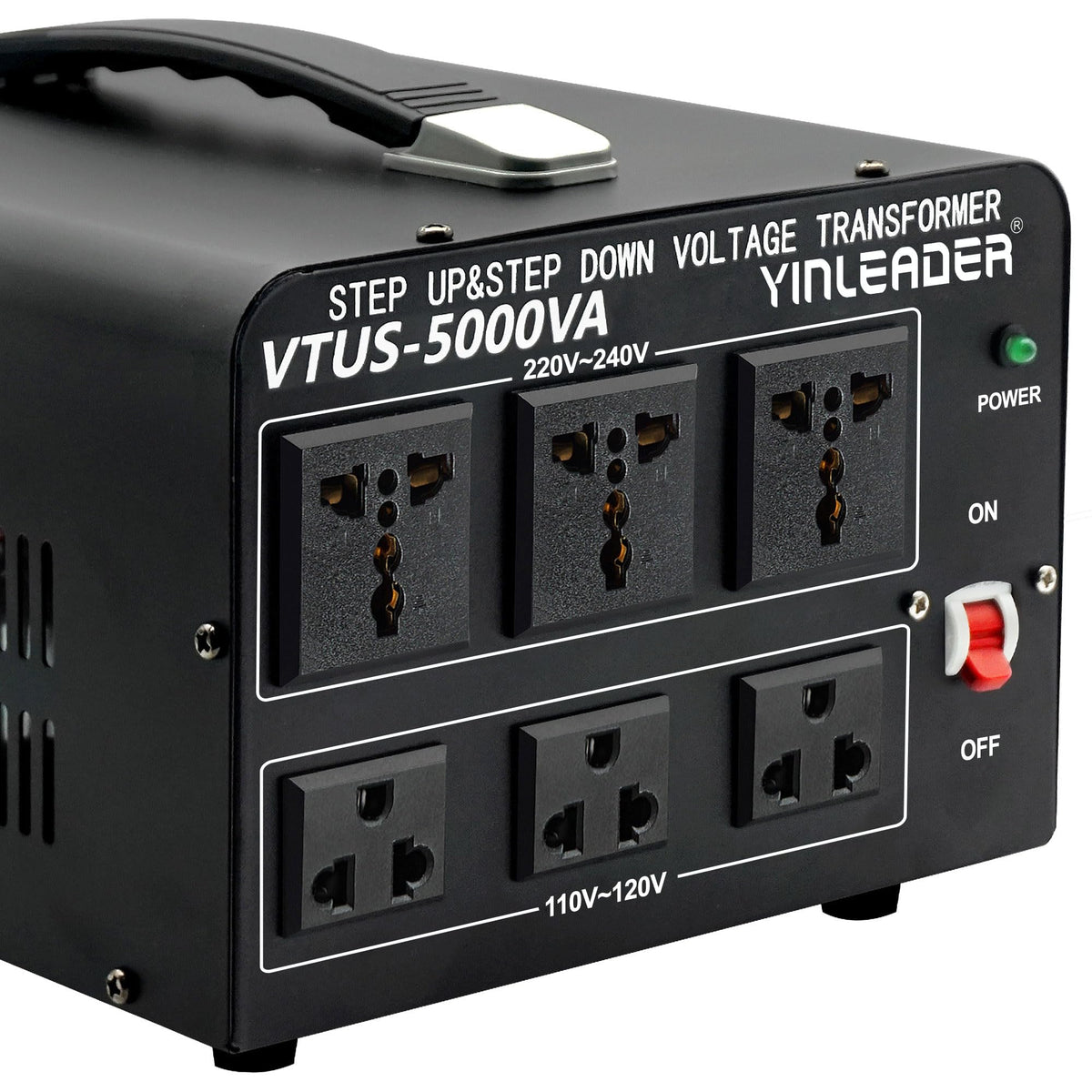 Yinleader front panel showing outlets and safe multi‑voltage access
