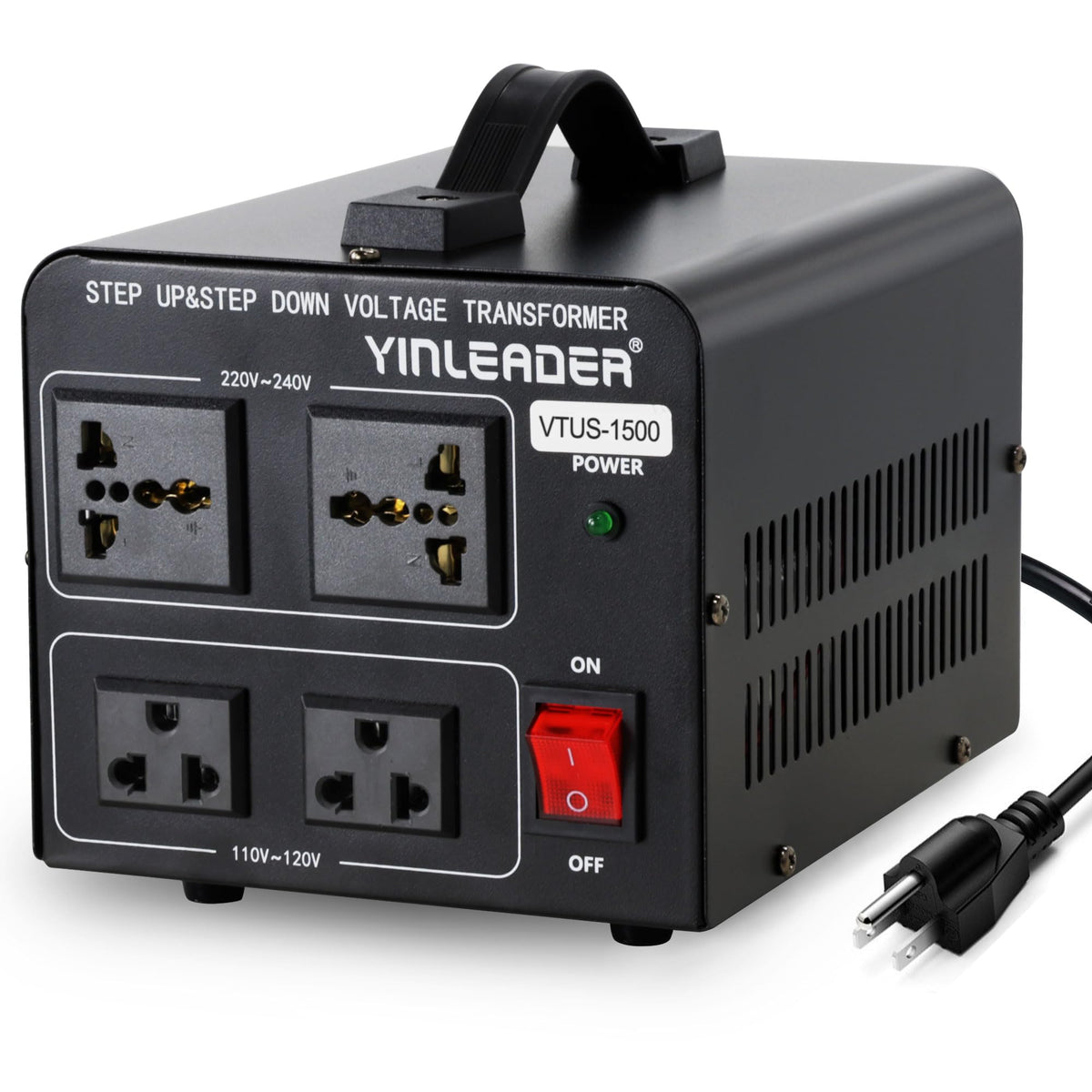 Yinleader front panel showing all sockets and benefits safe multi-device use