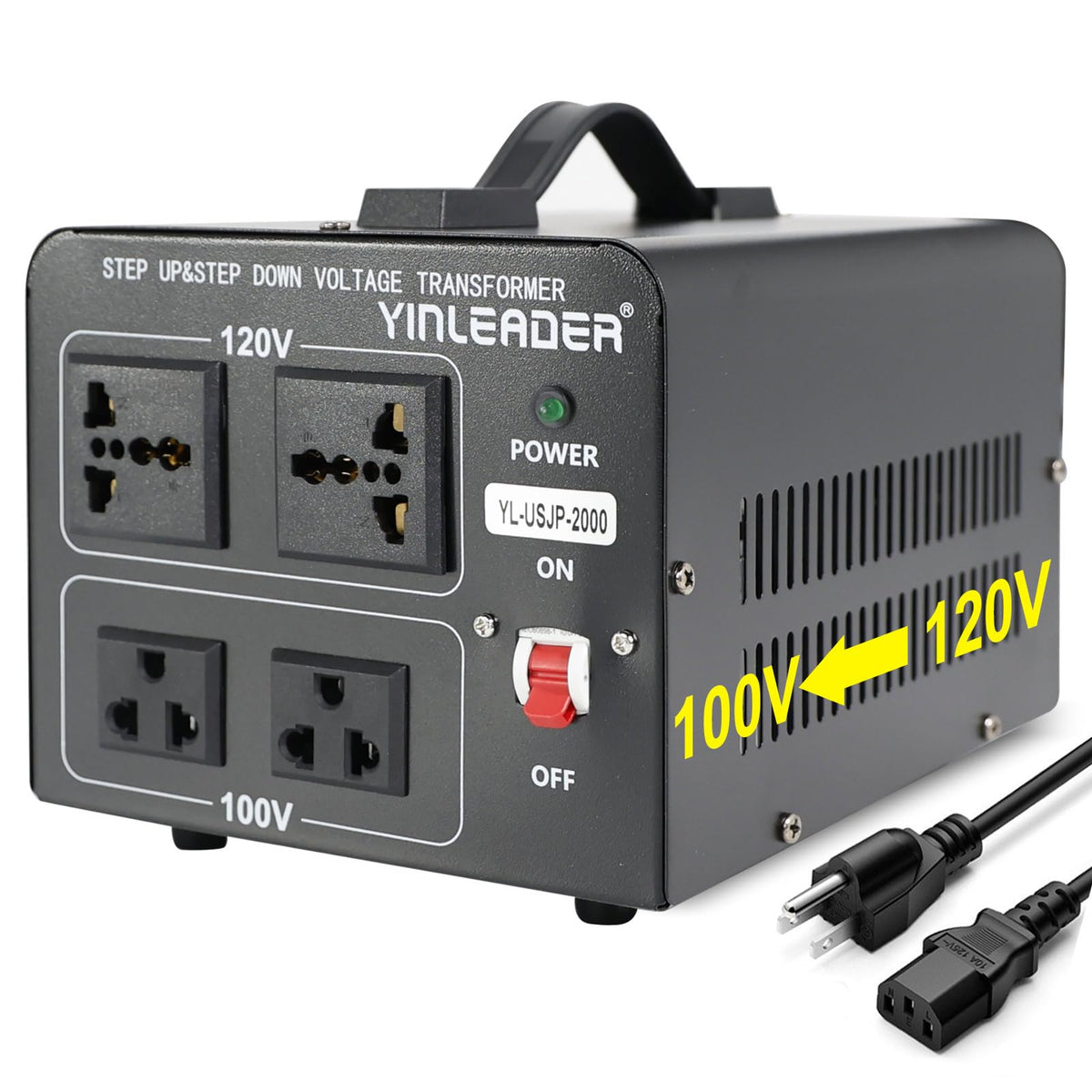 Yinleader front panel showing 100V and 120V sockets for safe dual-voltage use