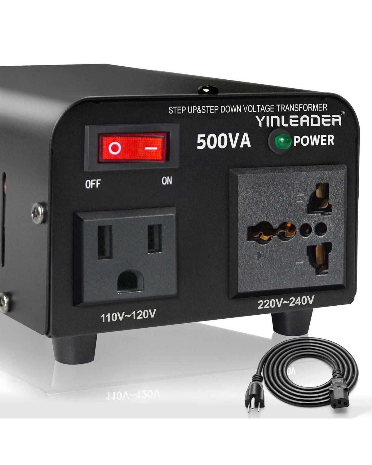 Yinleader front view showing sockets and power indicator for easy device connection