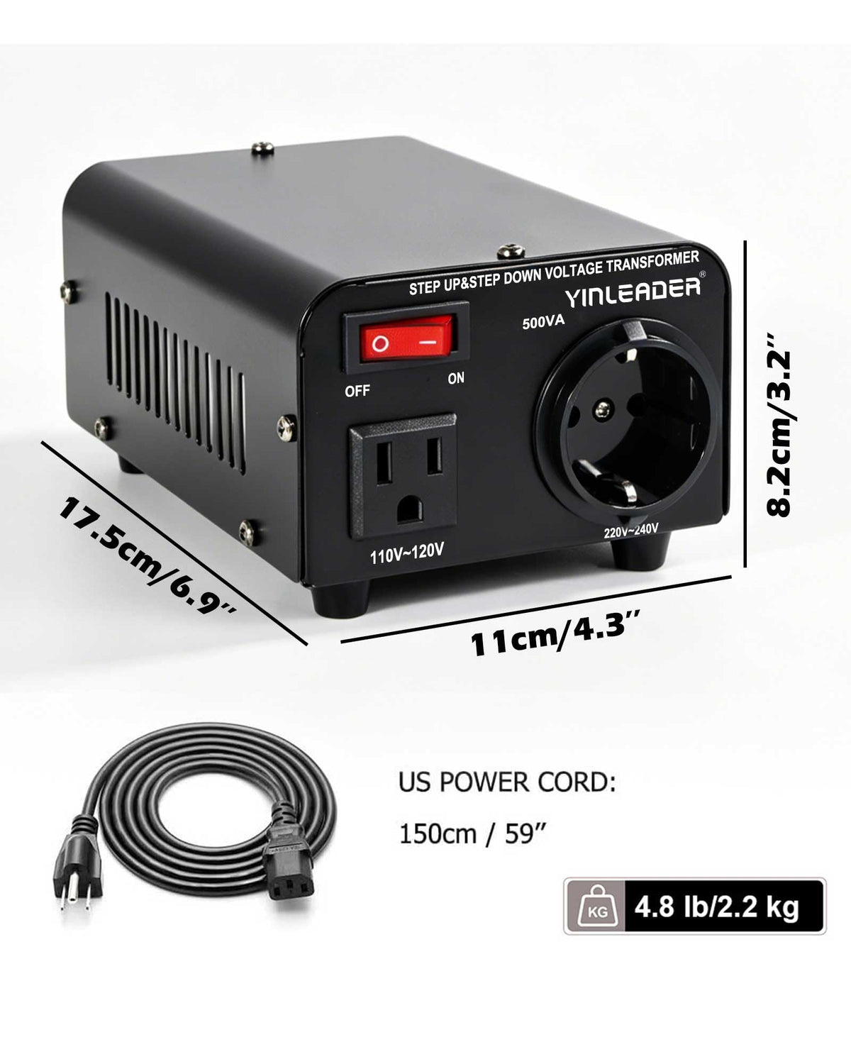 Yinleader side view showing EU socket and US outlet enabling multi-region use