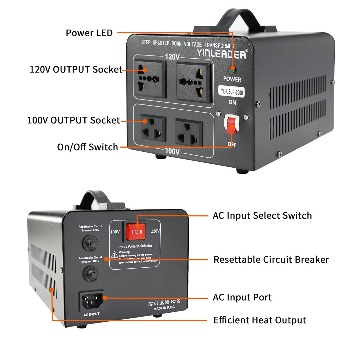 Yinleader side label with wattage specs and safety information for confident setup