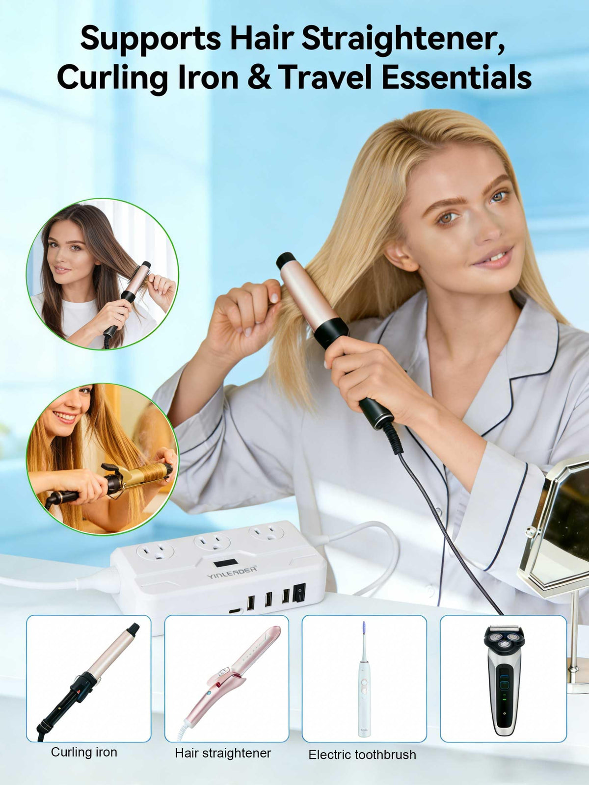 Yinleader travel adapter with USB-C PD port and USB-A ports visible