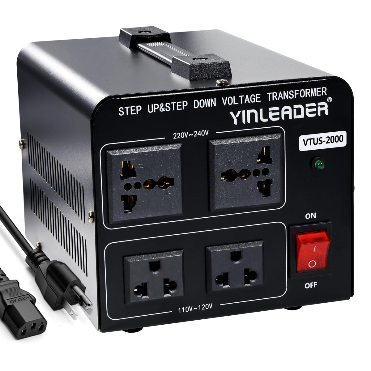 Yinleader voltage converter front view with compact design for home use.
