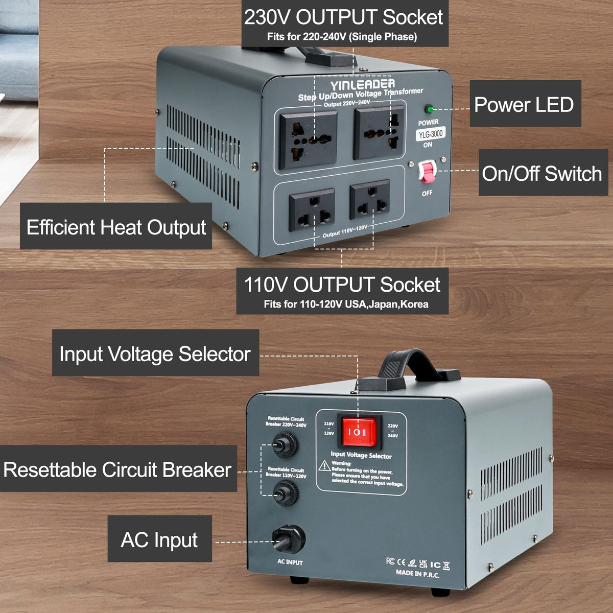 Yinleader voltage converter with two universal outlets for 220-240V devices worldwide.