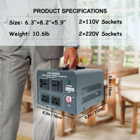 Yinleader voltage converter back panel highlighting input options and plug compatibility.